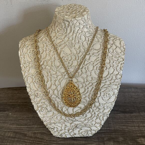 Vintage SHP Marked Gold Tone Plated Layered Chain Pendant Necklace - Picture 1 of 6